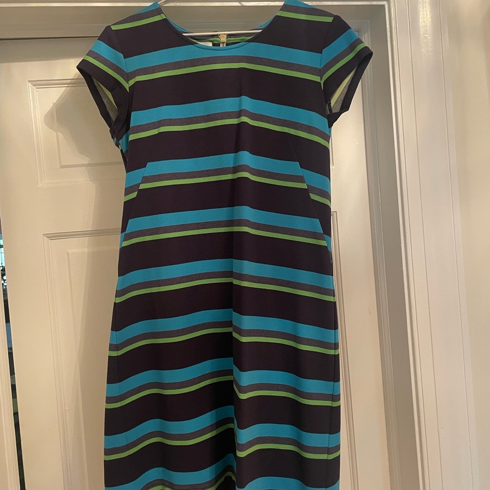 Sara Campbell Blue and Green Striped Dress with Scalloped Hem